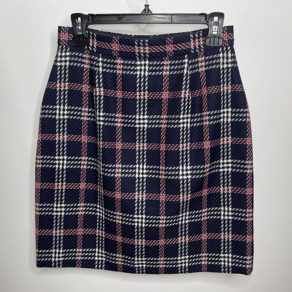 Brooks Brothers Mini Skirt Size 2 Wool Blend Navy Blue Houndstooth Plaid - Picture 3 of 5